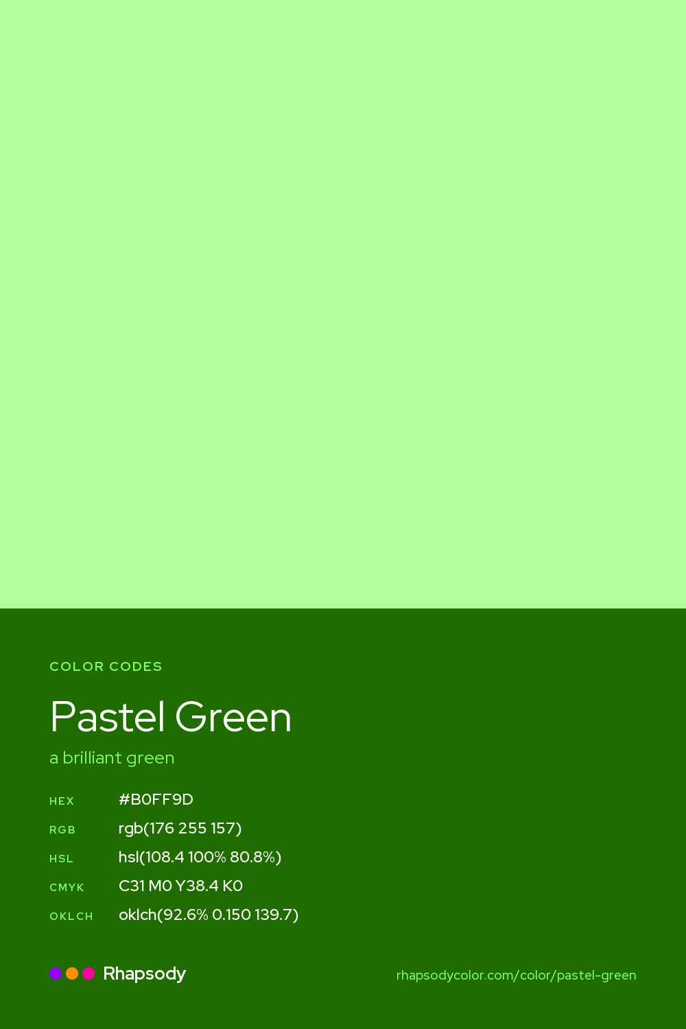 Pastel Green color codes: hex #B0FF9D, RGB, HSL, CMYK, and OKLCH, from Rhapsody