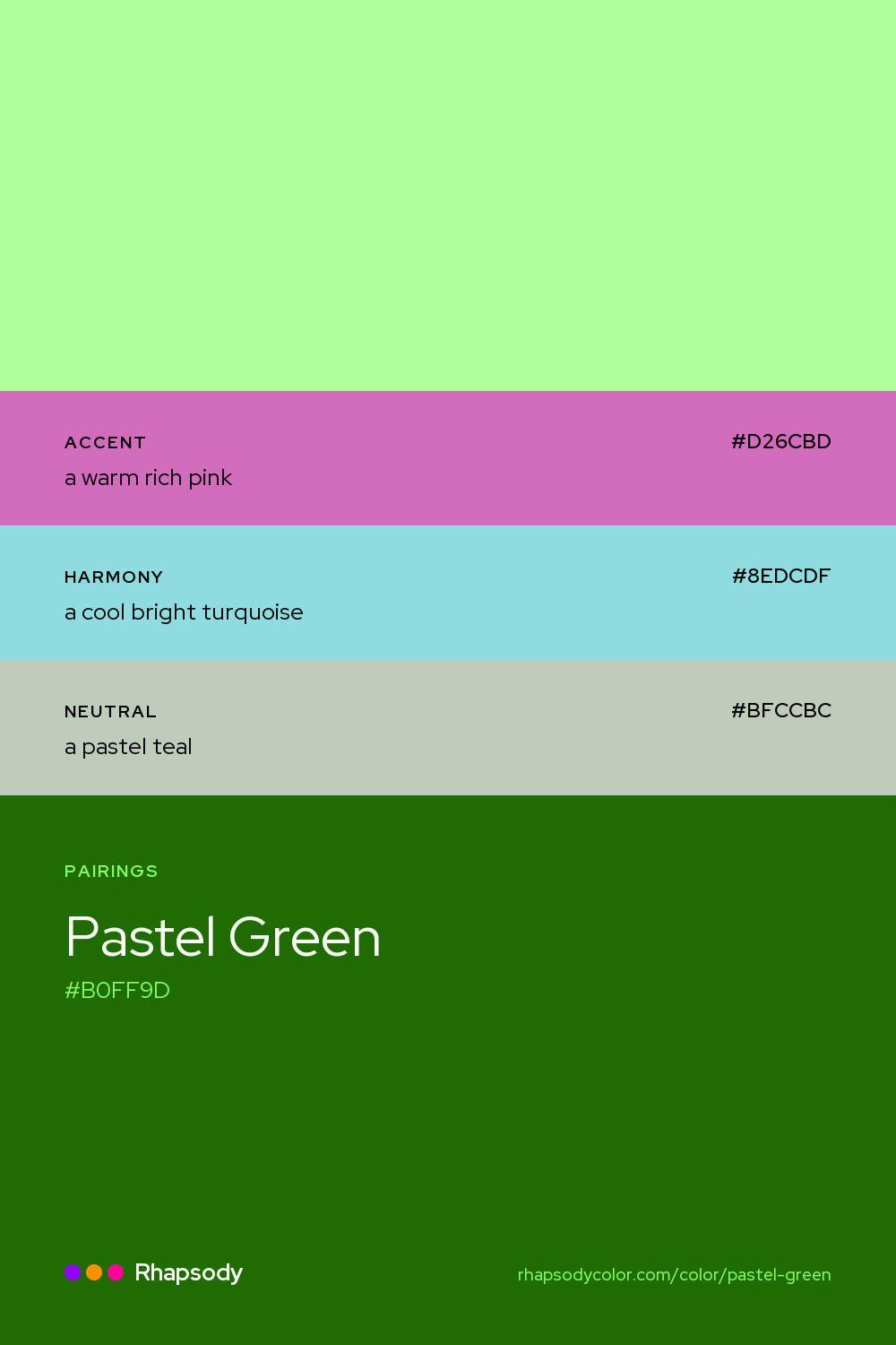 Pastel Green paired with a warm rich pink #D26CBD, a cool bright turquoise #8EDCDF, a pastel teal #BFCCBC: hex values and roles, from Rhapsody