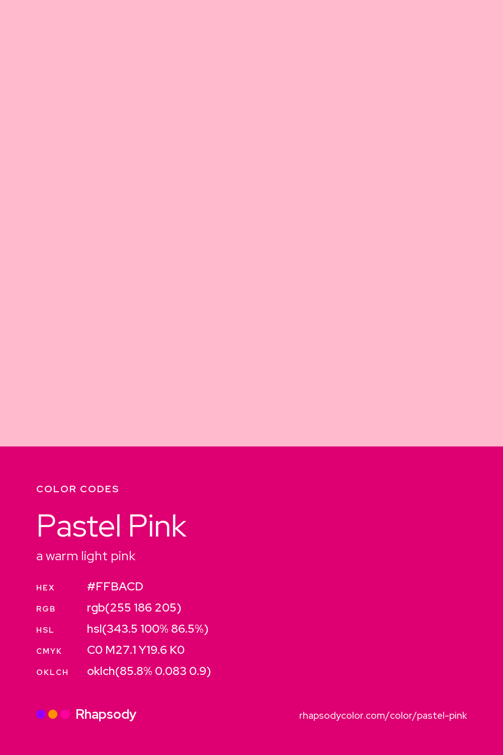 Pastel Pink color codes: hex #FFBACD, RGB, HSL, CMYK, and OKLCH, from Rhapsody