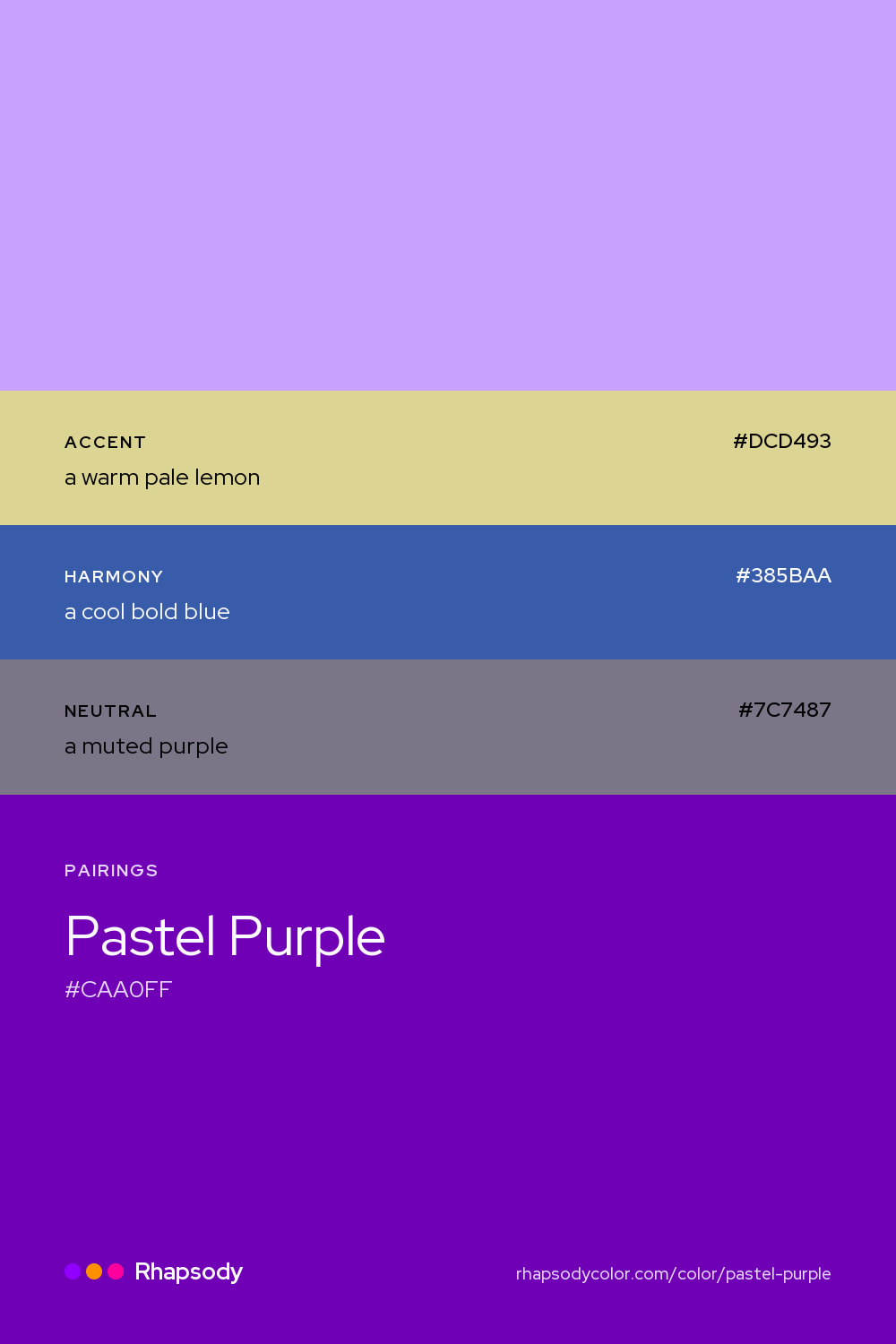 Pastel Purple paired with a warm pale lemon #DCD493, a cool bold blue #385BAA, a muted purple #7C7487: hex values and roles, from Rhapsody