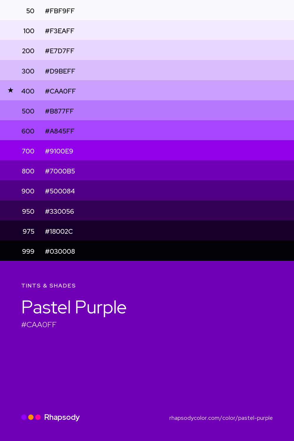 The full tonal scale of Pastel Purple, 13 steps from light to dark with every hex, from Rhapsody