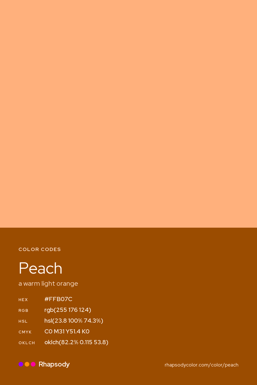 Peach color codes: hex #FFB07C, RGB, HSL, CMYK, and OKLCH, from Rhapsody