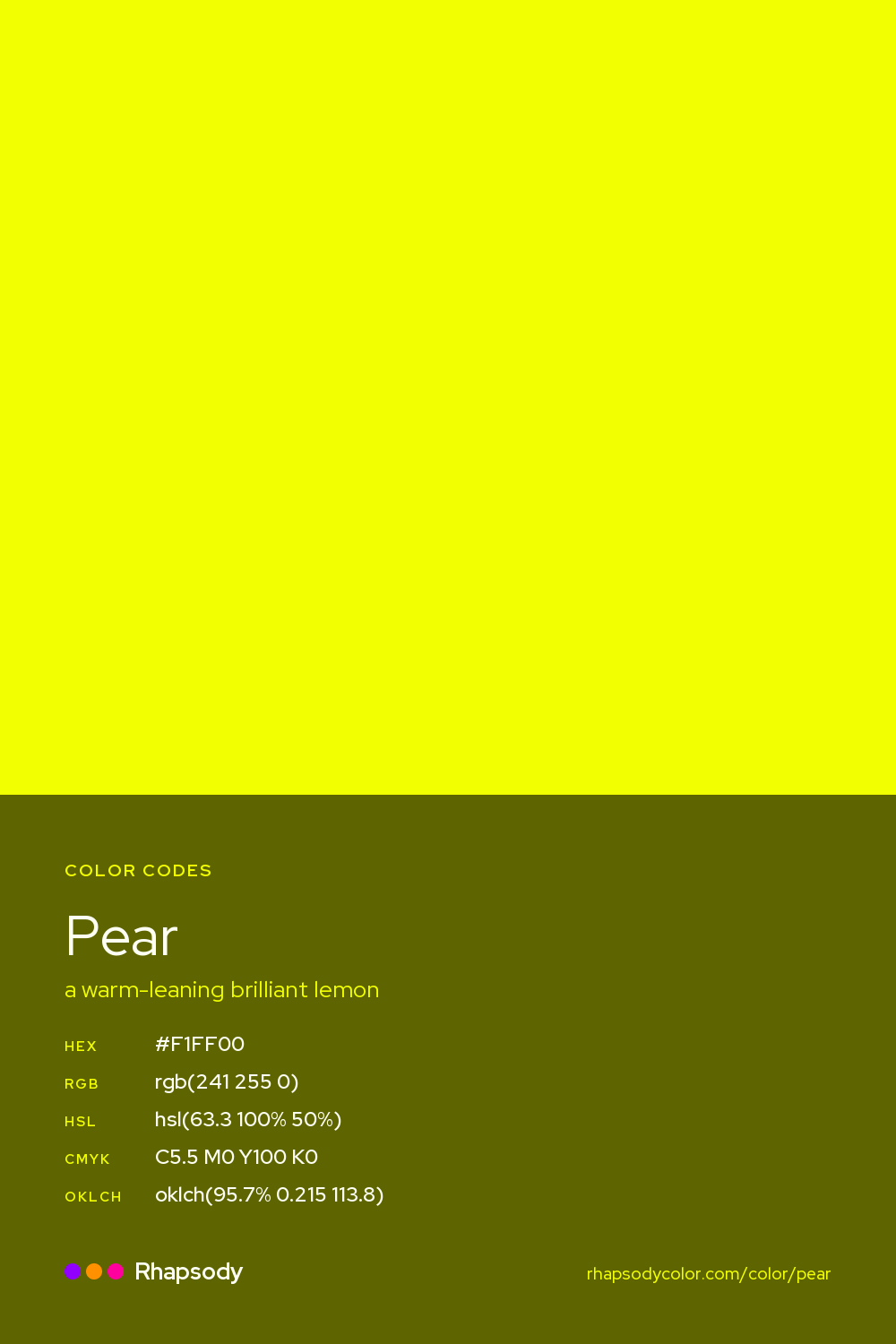 Pear color codes: hex #F1FF00, RGB, HSL, CMYK, and OKLCH, from Rhapsody