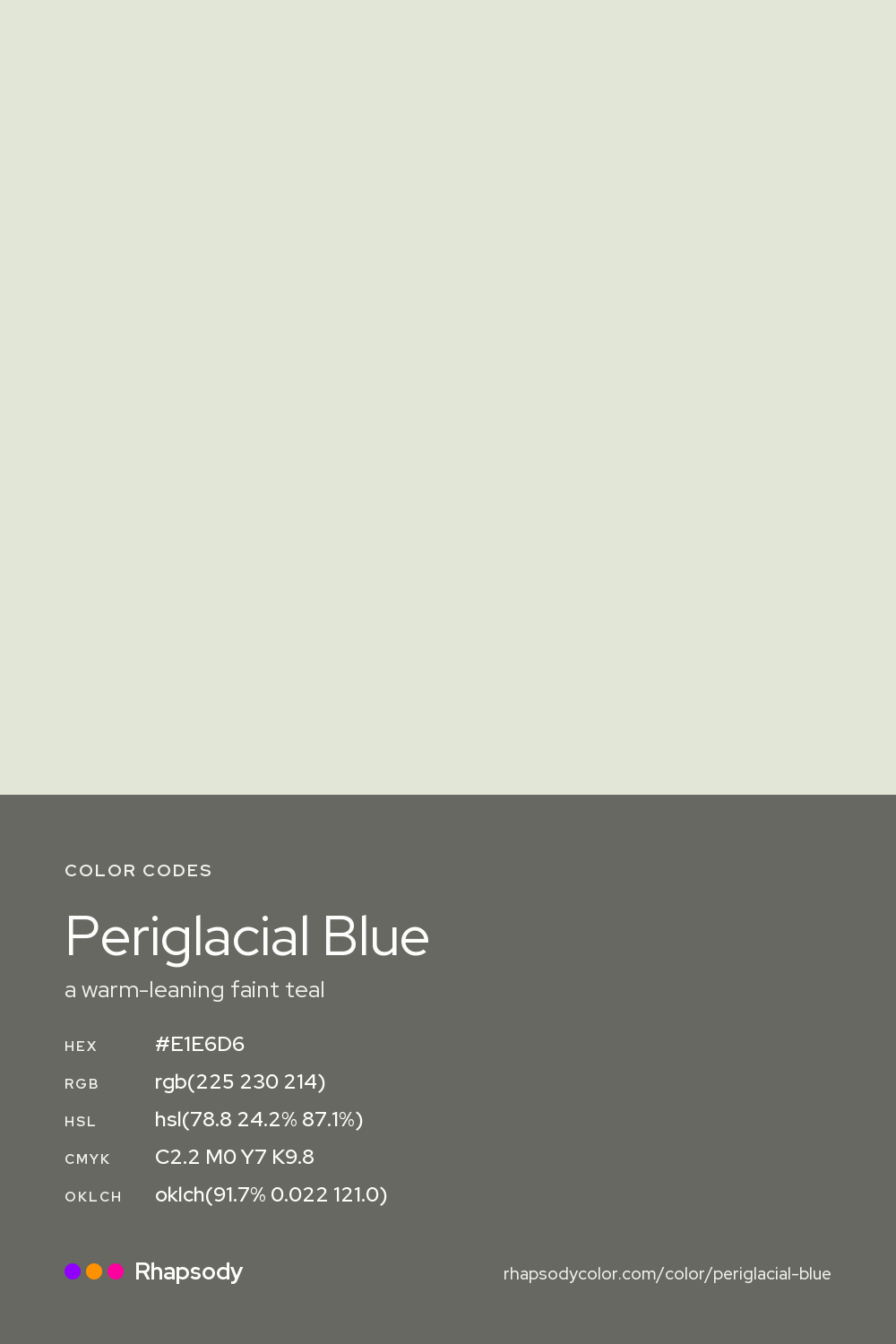 Periglacial Blue color codes: hex #E1E6D6, RGB, HSL, CMYK, and OKLCH, from Rhapsody