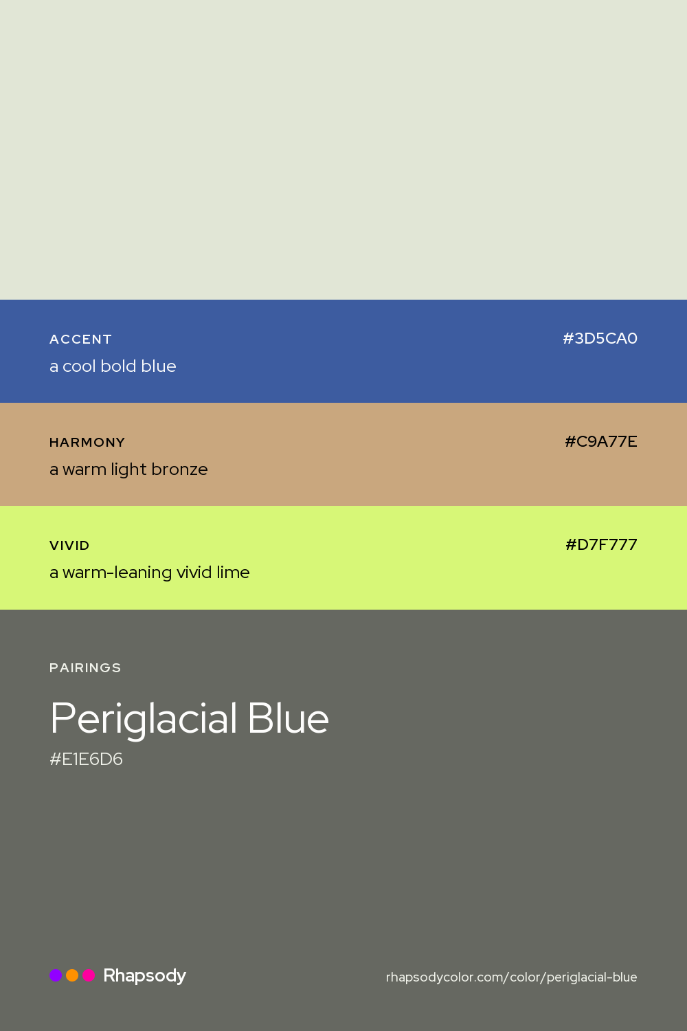 Periglacial Blue paired with a cool bold blue #3D5CA0, a warm light bronze #C9A77E, a warm-leaning vivid lime #D7F777: hex values and roles, from Rhapsody