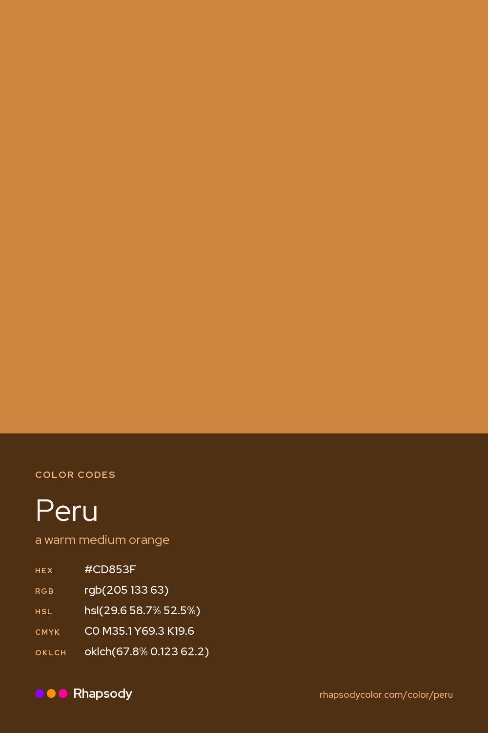 Peru color codes: hex #CD853F, RGB, HSL, CMYK, and OKLCH, from Rhapsody