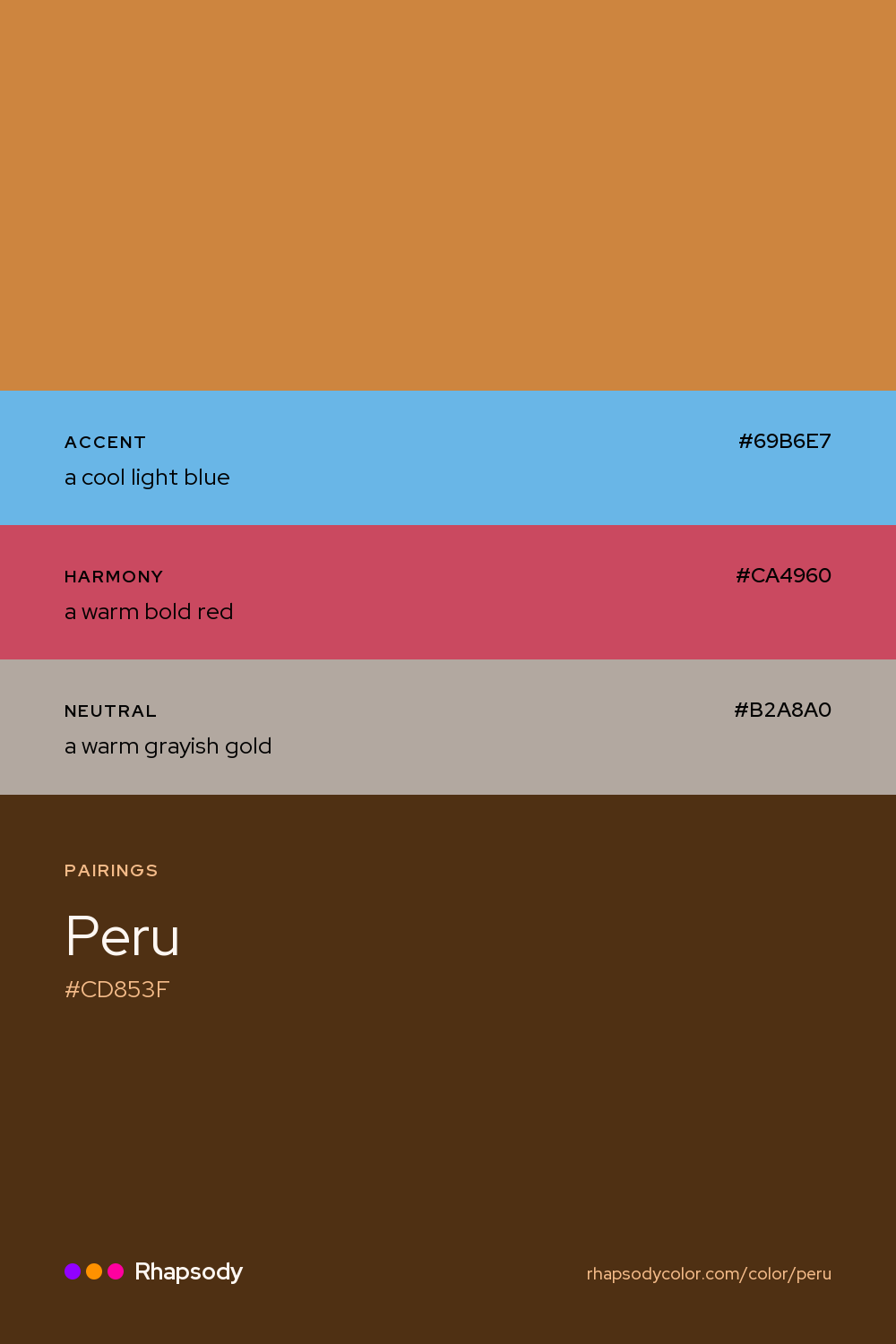 Peru paired with a cool light blue #69B6E7, a warm bold red #CA4960, a warm grayish gold #B2A8A0: hex values and roles, from Rhapsody