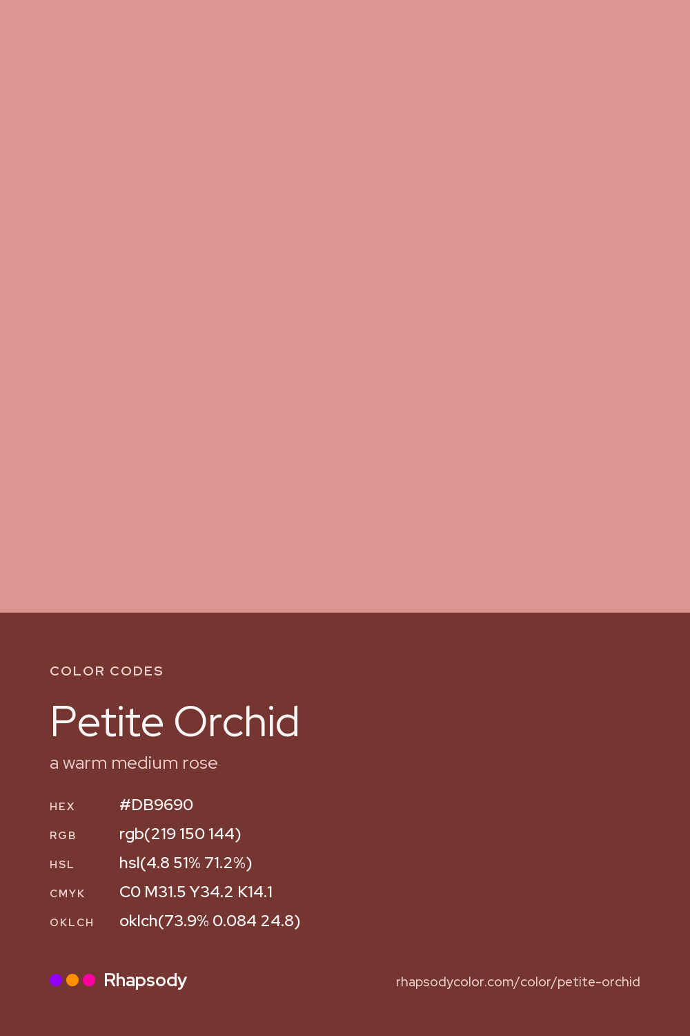 Petite Orchid color codes: hex #DB9690, RGB, HSL, CMYK, and OKLCH, from Rhapsody
