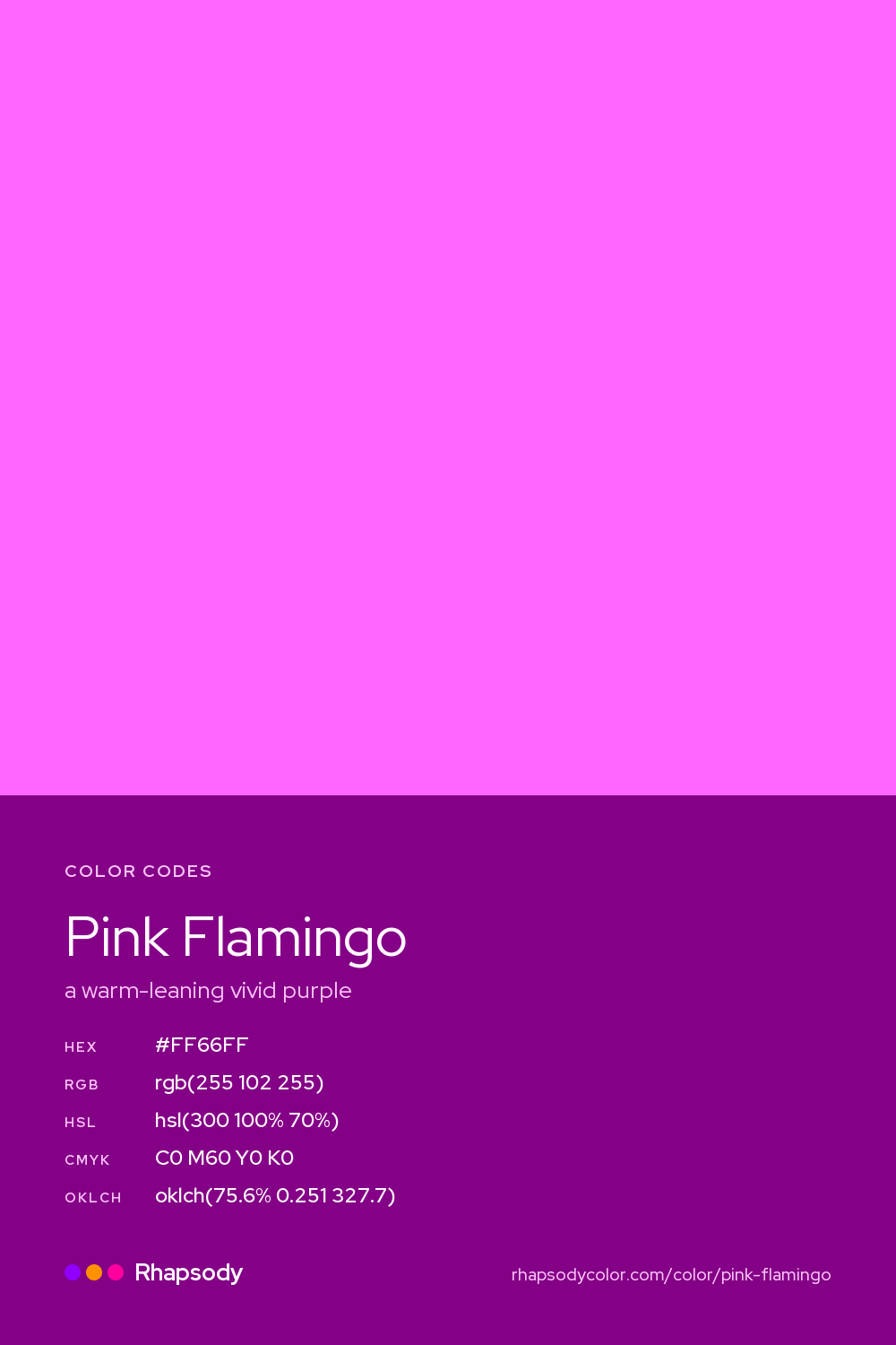 Pink Flamingo color codes: hex #FF66FF, RGB, HSL, CMYK, and OKLCH, from Rhapsody