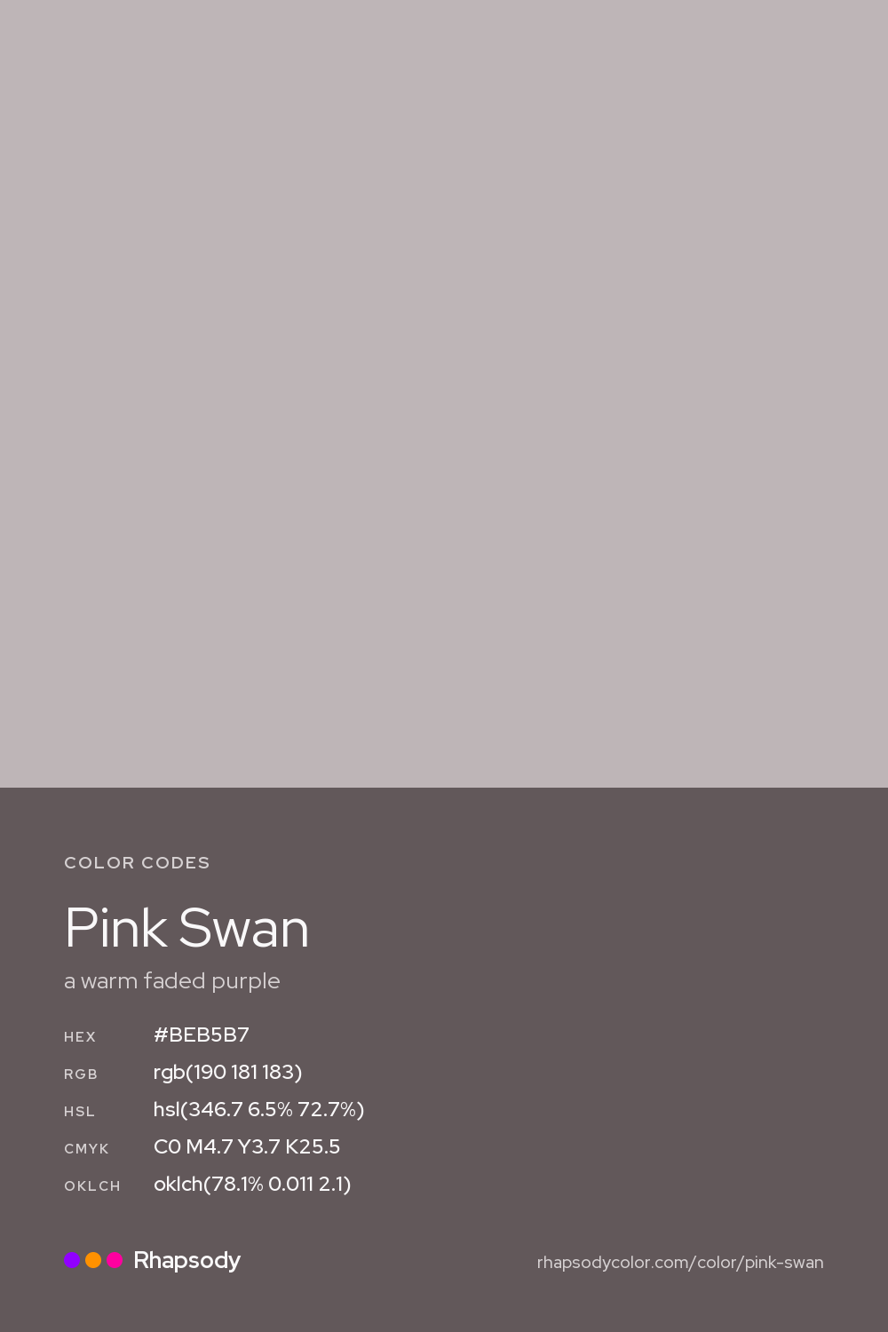 Pink Swan color codes: hex #BEB5B7, RGB, HSL, CMYK, and OKLCH, from Rhapsody