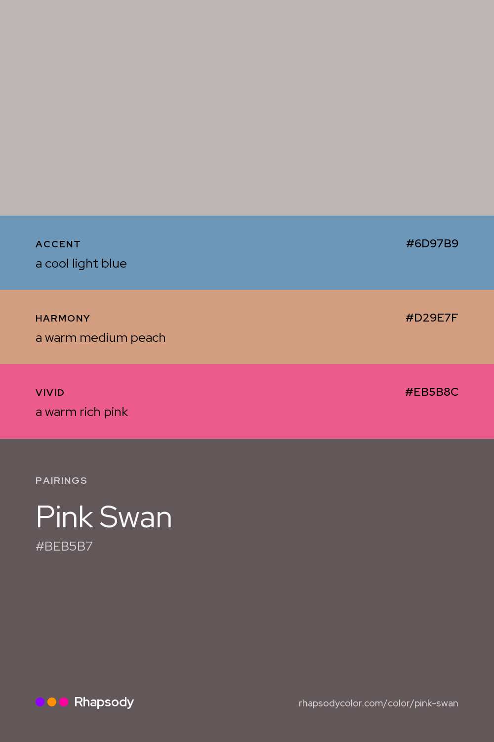 Pink Swan paired with a cool light blue #6D97B9, a warm medium peach #D29E7F, a warm rich pink #EB5B8C: hex values and roles, from Rhapsody