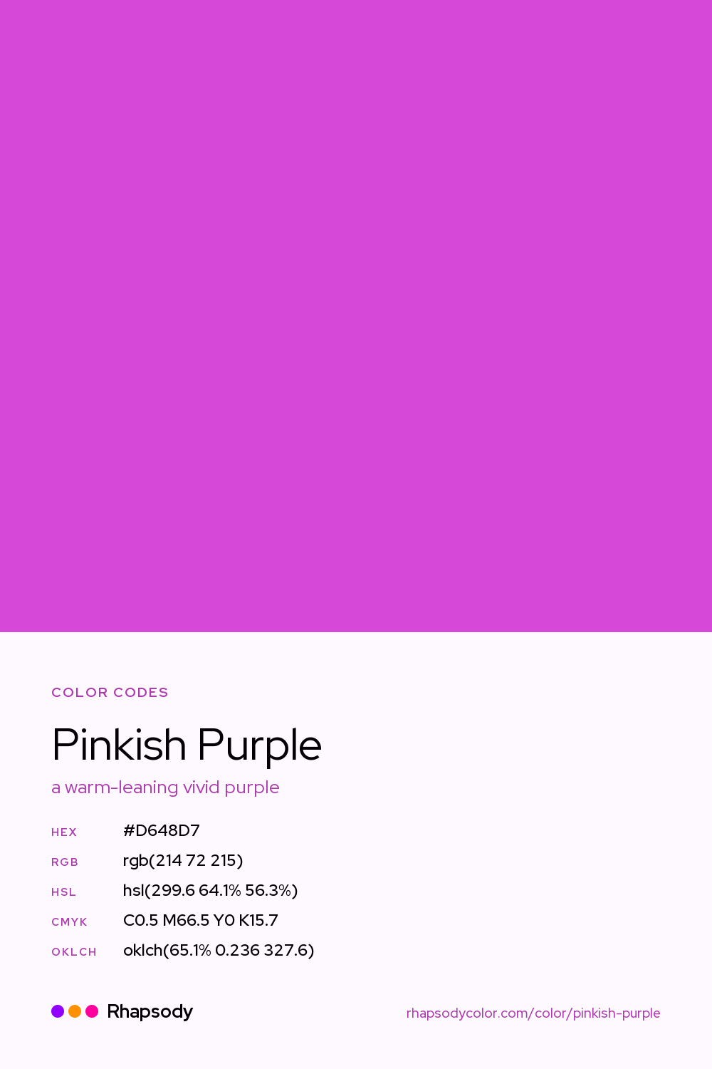 Pinkish Purple color codes: hex #D648D7, RGB, HSL, CMYK, and OKLCH, from Rhapsody