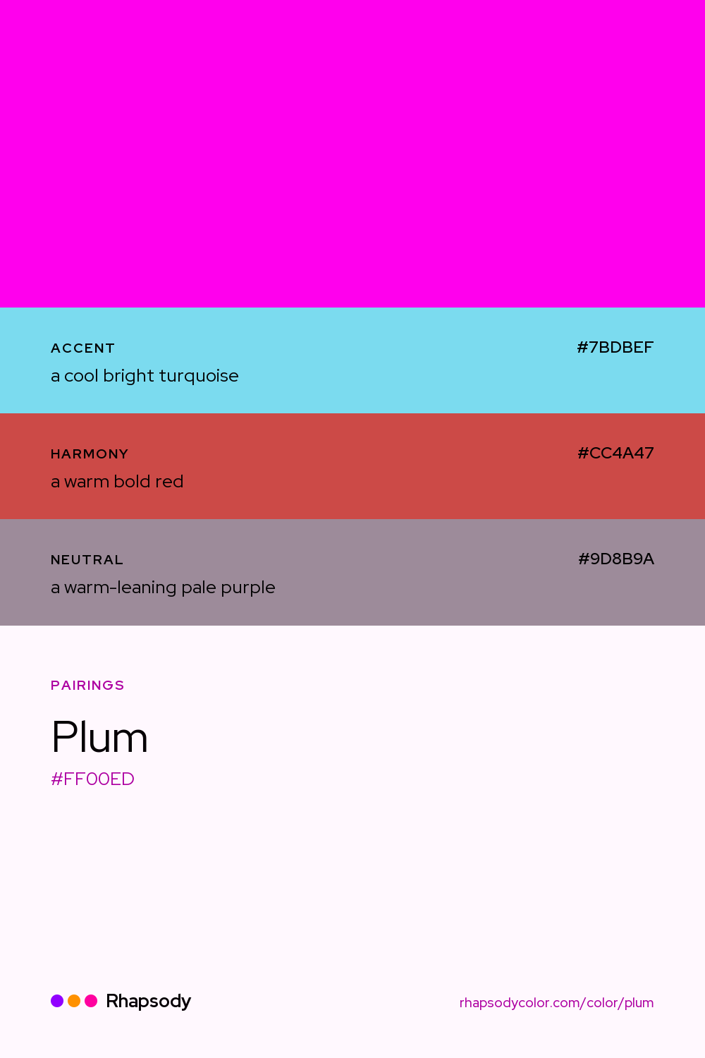 Plum paired with a cool bright turquoise #7BDBEF, a warm bold red #CC4A47, a warm-leaning pale purple #9D8B9A: hex values and roles, from Rhapsody