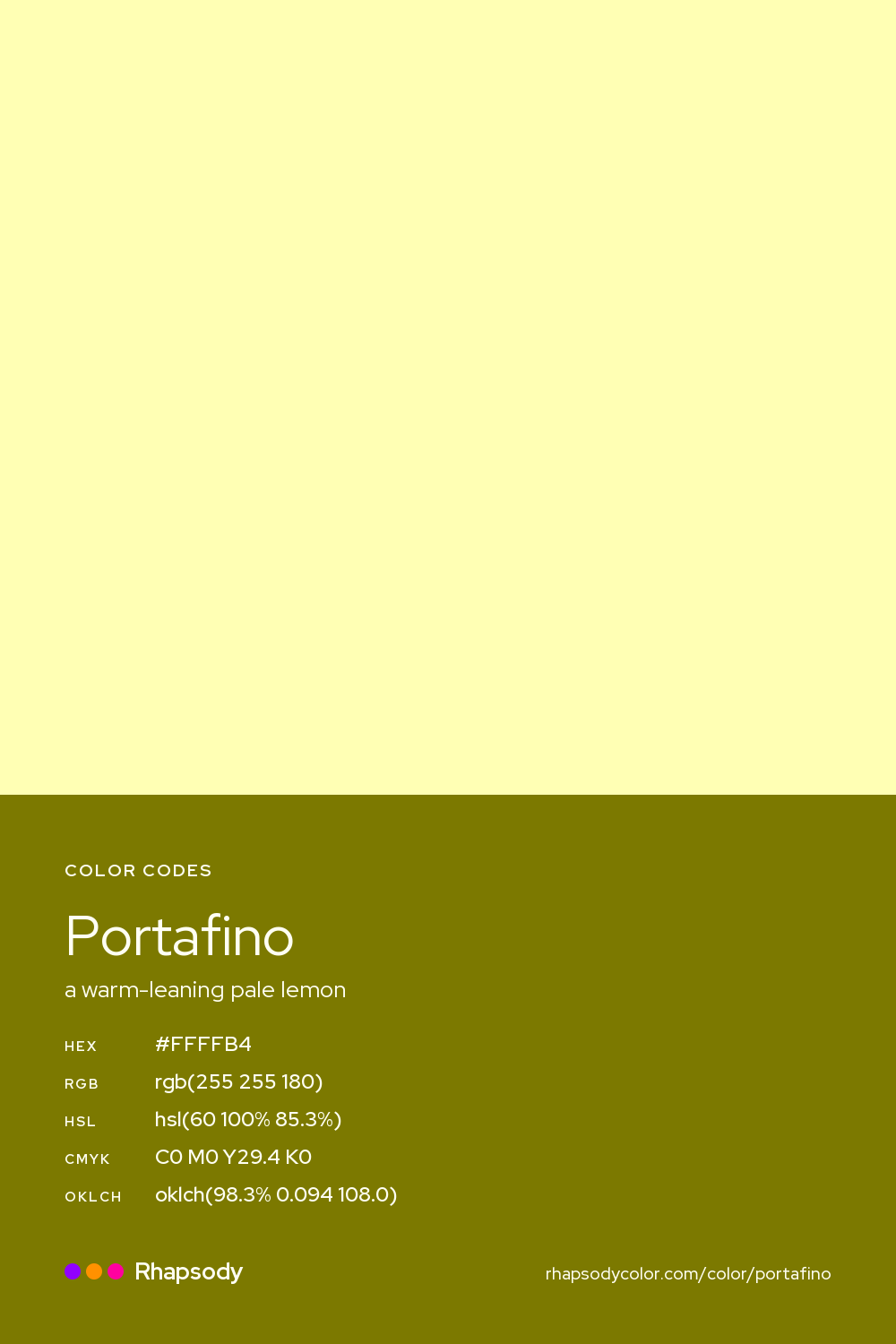 Portafino color codes: hex #FFFFB4, RGB, HSL, CMYK, and OKLCH, from Rhapsody
