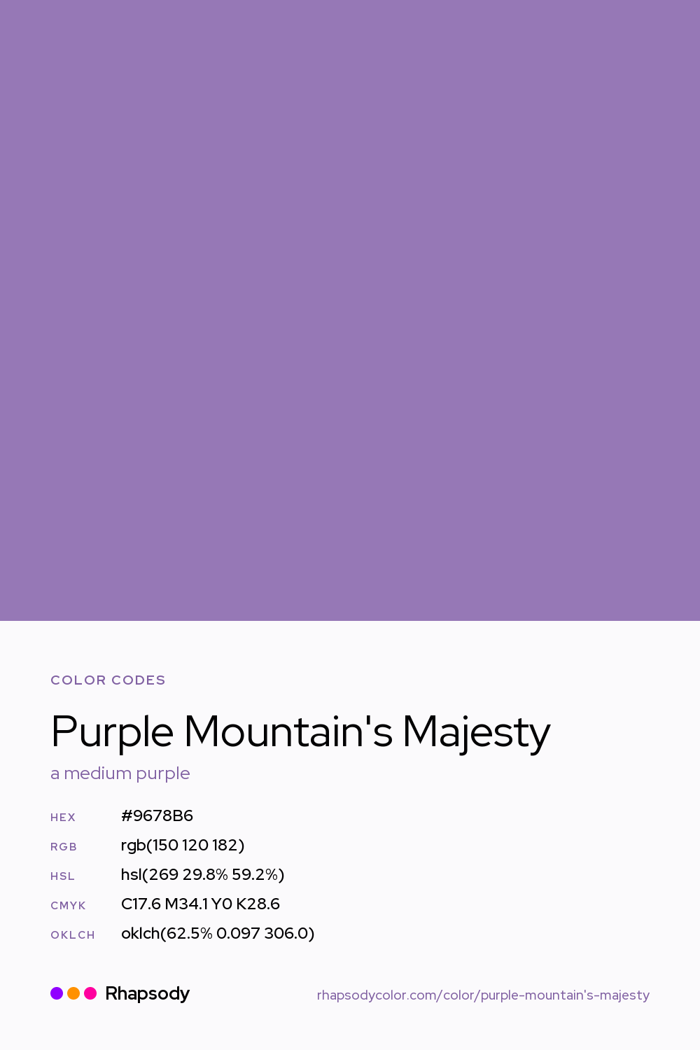 Purple Mountain's Majesty color codes: hex #9678B6, RGB, HSL, CMYK, and OKLCH, from Rhapsody