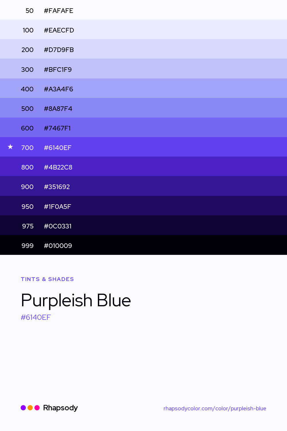 The full tonal scale of Purpleish Blue, 13 steps from light to dark with every hex, from Rhapsody
