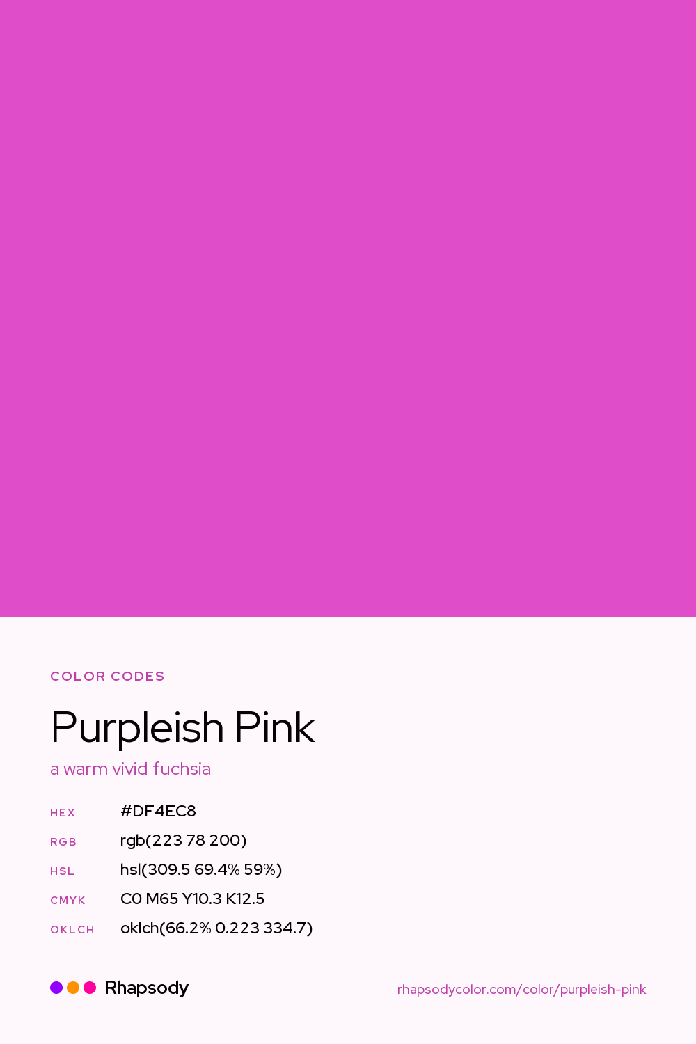 Purpleish Pink color codes: hex #DF4EC8, RGB, HSL, CMYK, and OKLCH, from Rhapsody