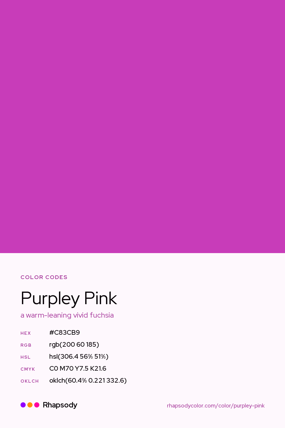 Purpley Pink color codes: hex #C83CB9, RGB, HSL, CMYK, and OKLCH, from Rhapsody