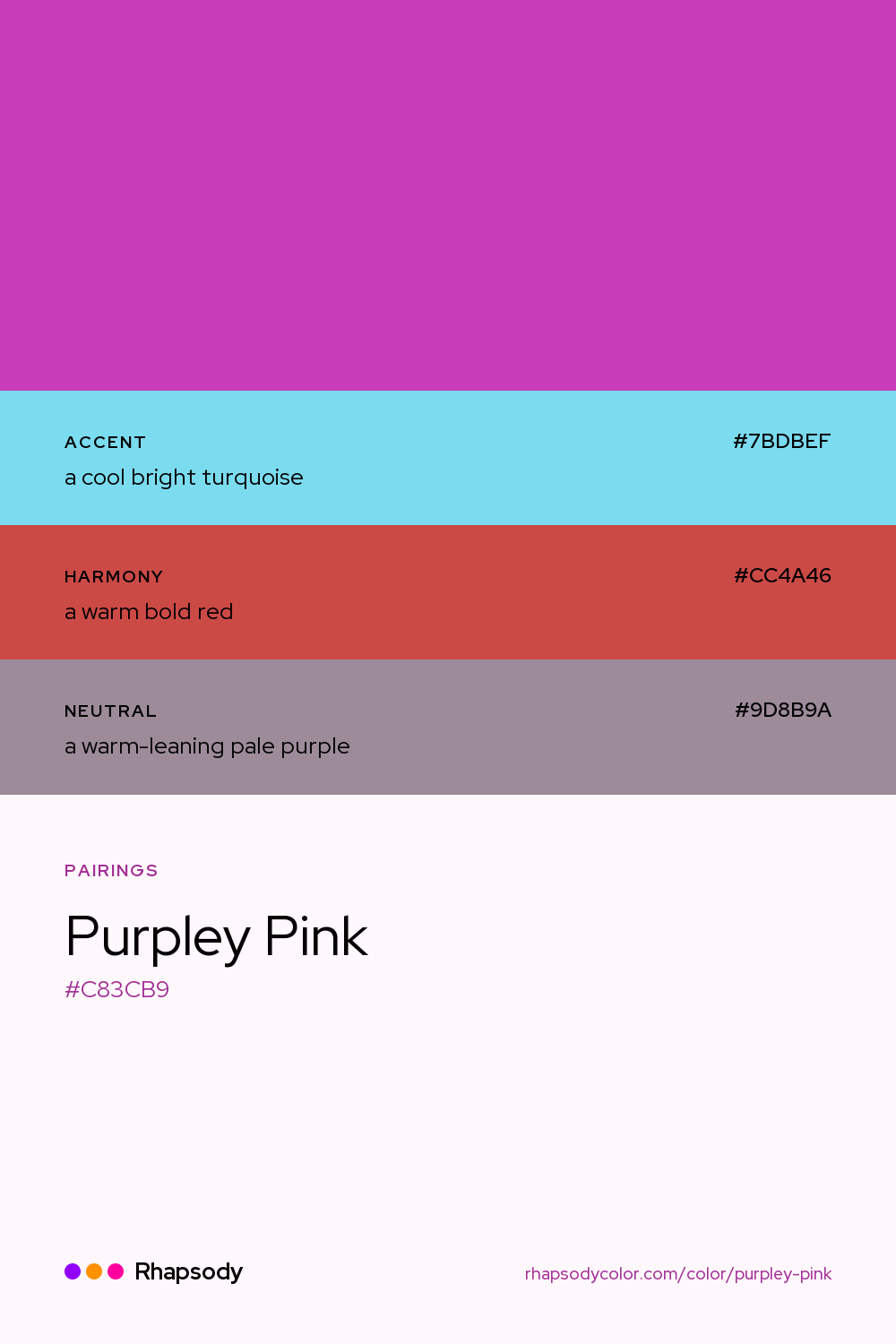 Purpley Pink paired with a cool bright turquoise #7BDBEF, a warm bold red #CC4A46, a warm-leaning pale purple #9D8B9A: hex values and roles, from Rhapsody