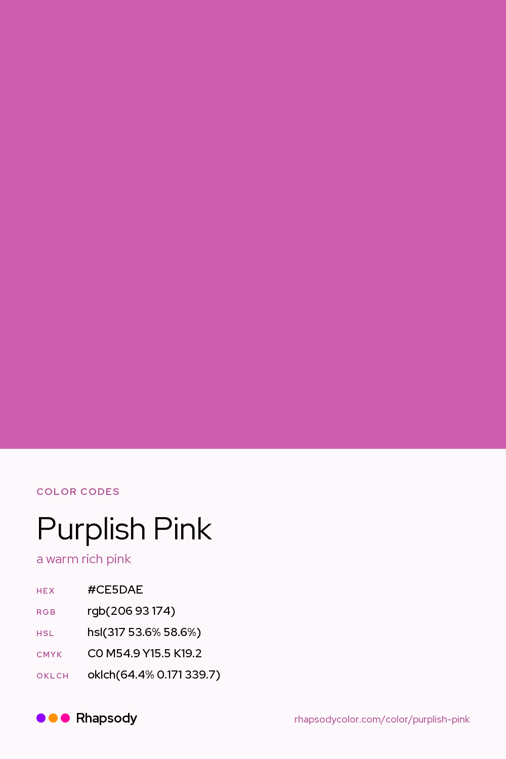 Purplish Pink color codes: hex #CE5DAE, RGB, HSL, CMYK, and OKLCH, from Rhapsody
