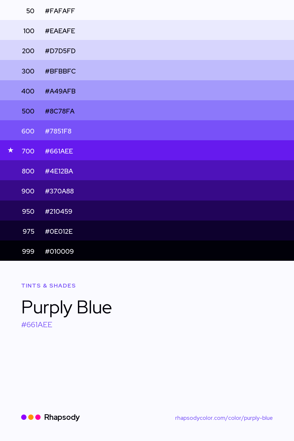 The full tonal scale of Purply Blue, 13 steps from light to dark with every hex, from Rhapsody