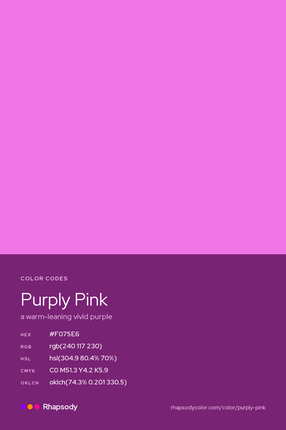 Purply Pink color codes: hex #F075E6, RGB, HSL, CMYK, and OKLCH, from Rhapsody