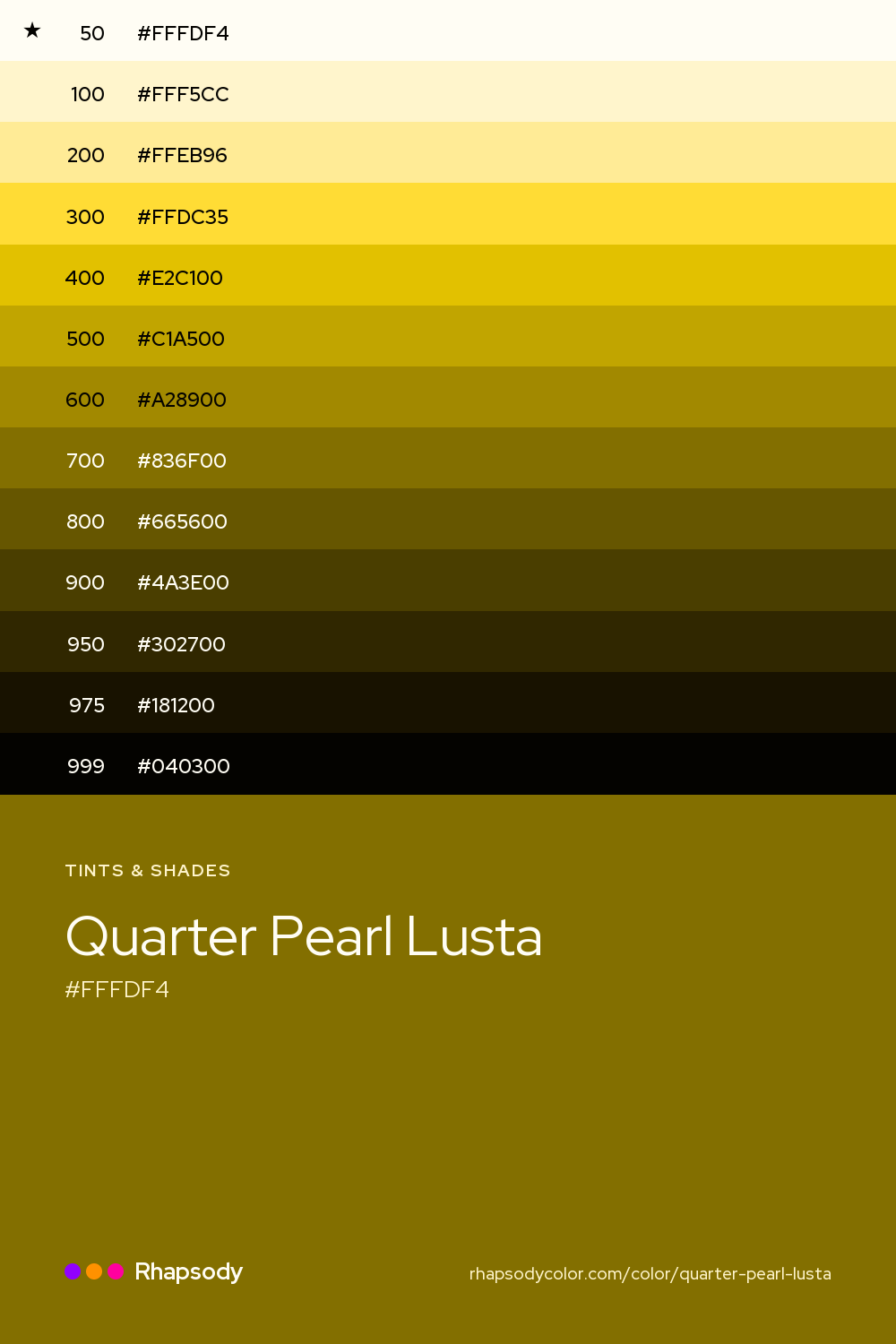 The full tonal scale of Quarter Pearl Lusta, 13 steps from light to dark with every hex, from Rhapsody