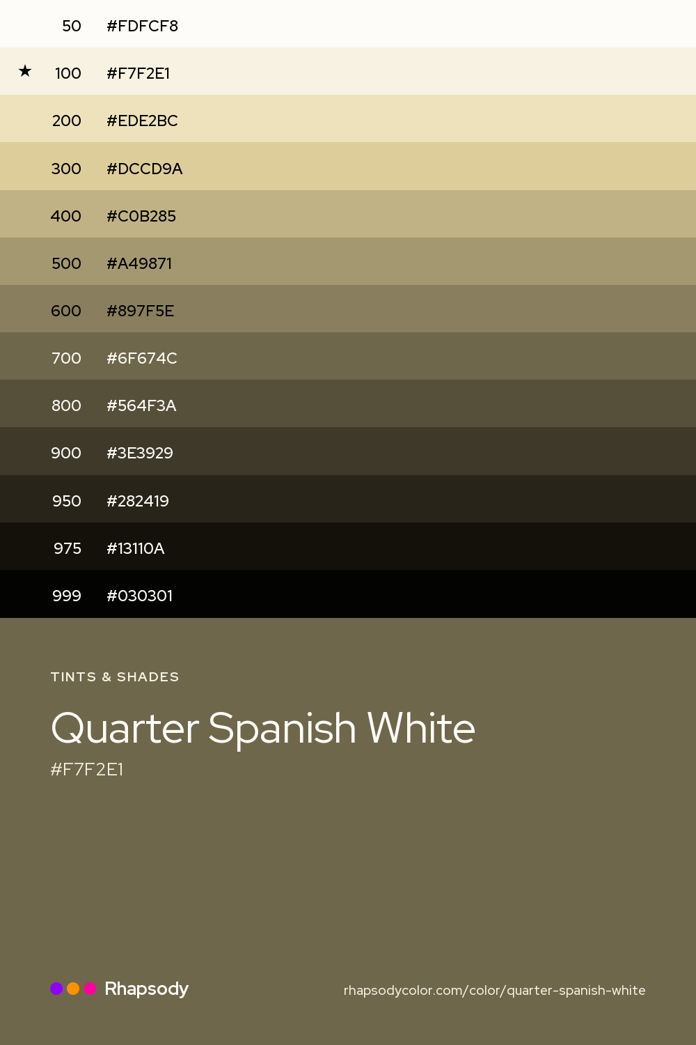 The full tonal scale of Quarter Spanish White, 13 steps from light to dark with every hex, from Rhapsody