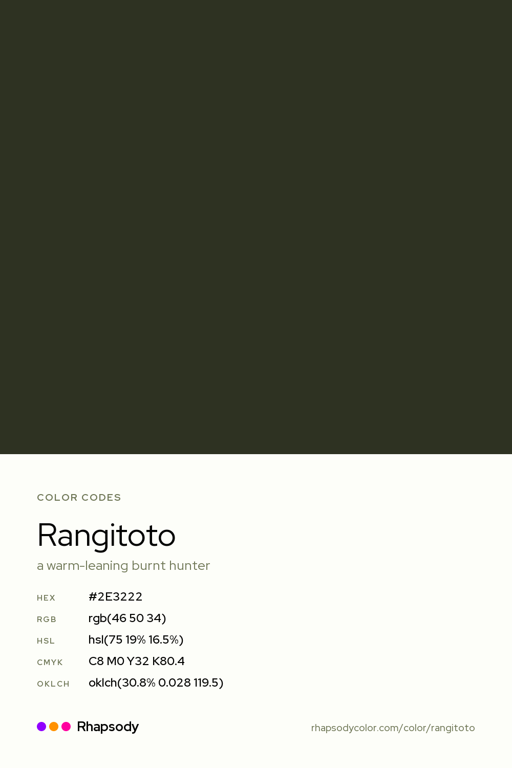 Rangitoto color codes: hex #2E3222, RGB, HSL, CMYK, and OKLCH, from Rhapsody