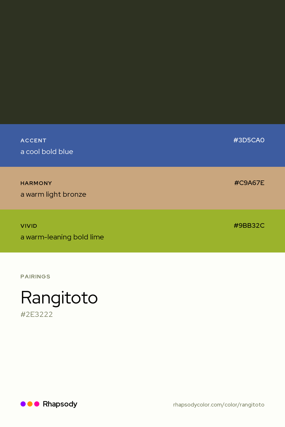 Rangitoto paired with a cool bold blue #3D5CA0, a warm light bronze #C9A67E, a warm-leaning bold lime #9BB32C: hex values and roles, from Rhapsody