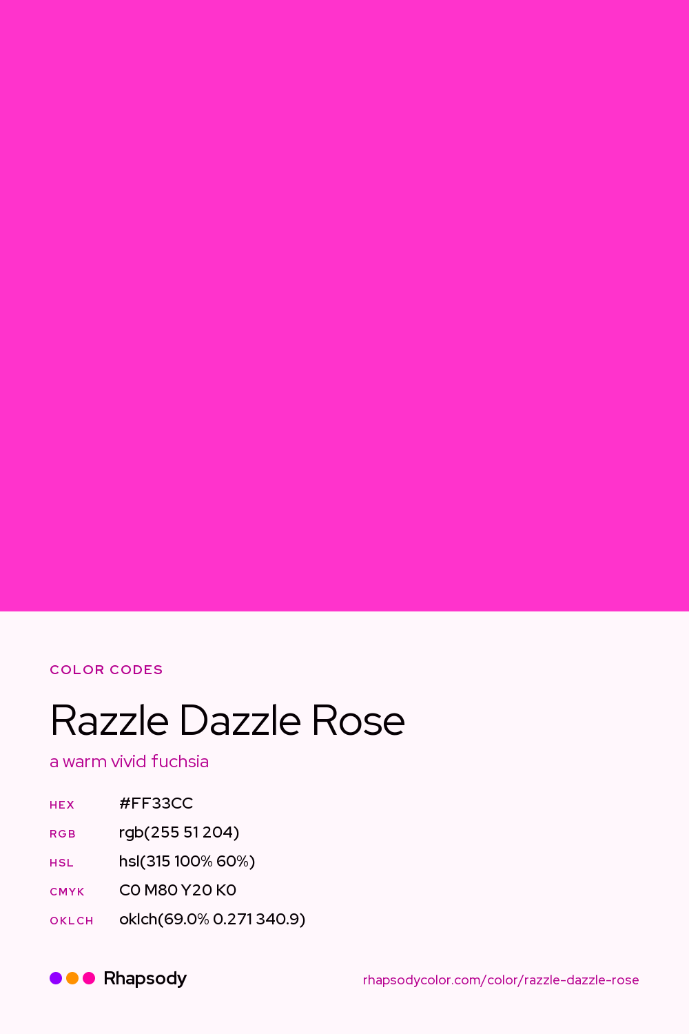 Razzle Dazzle Rose color codes: hex #FF33CC, RGB, HSL, CMYK, and OKLCH, from Rhapsody