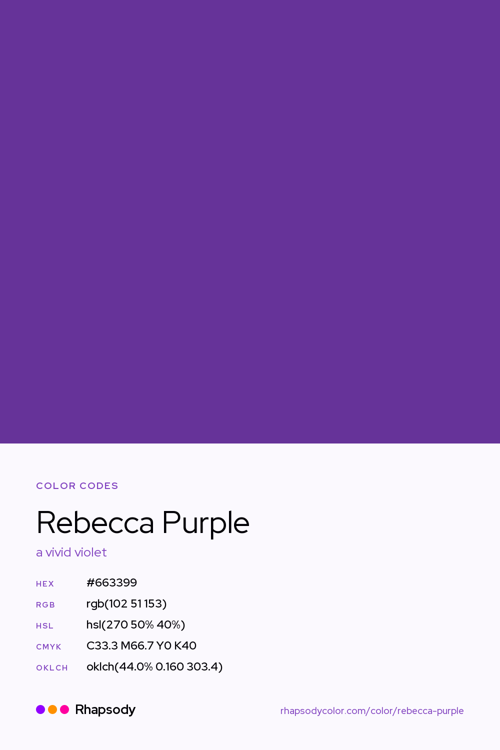 Rebecca Purple color codes: hex #663399, RGB, HSL, CMYK, and OKLCH, from Rhapsody