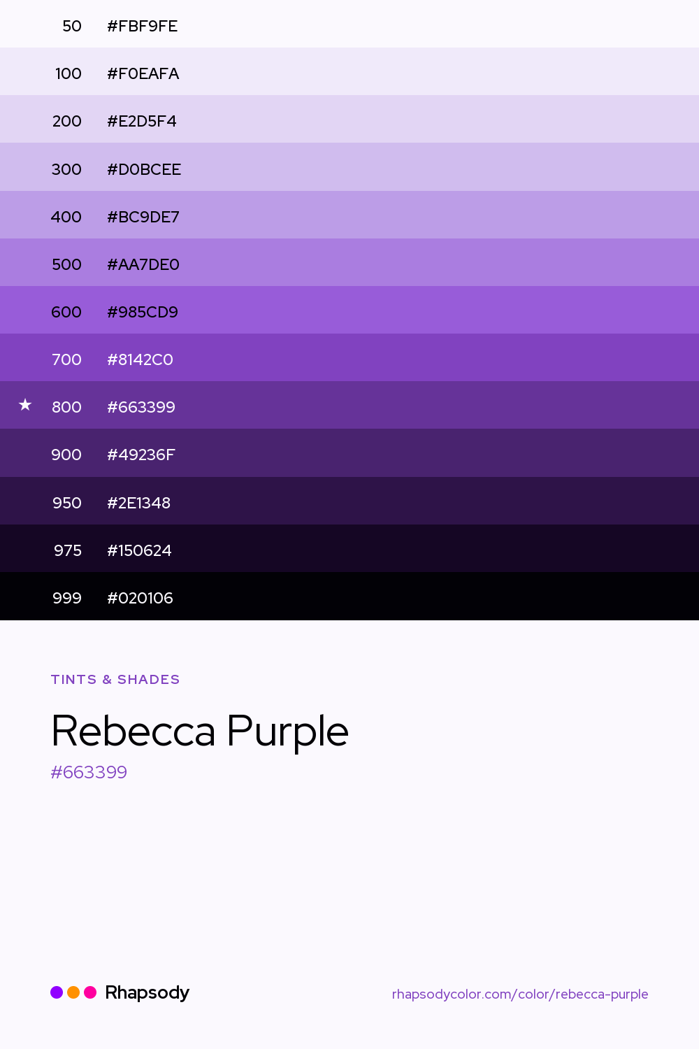 The full tonal scale of Rebecca Purple, 13 steps from light to dark with every hex, from Rhapsody