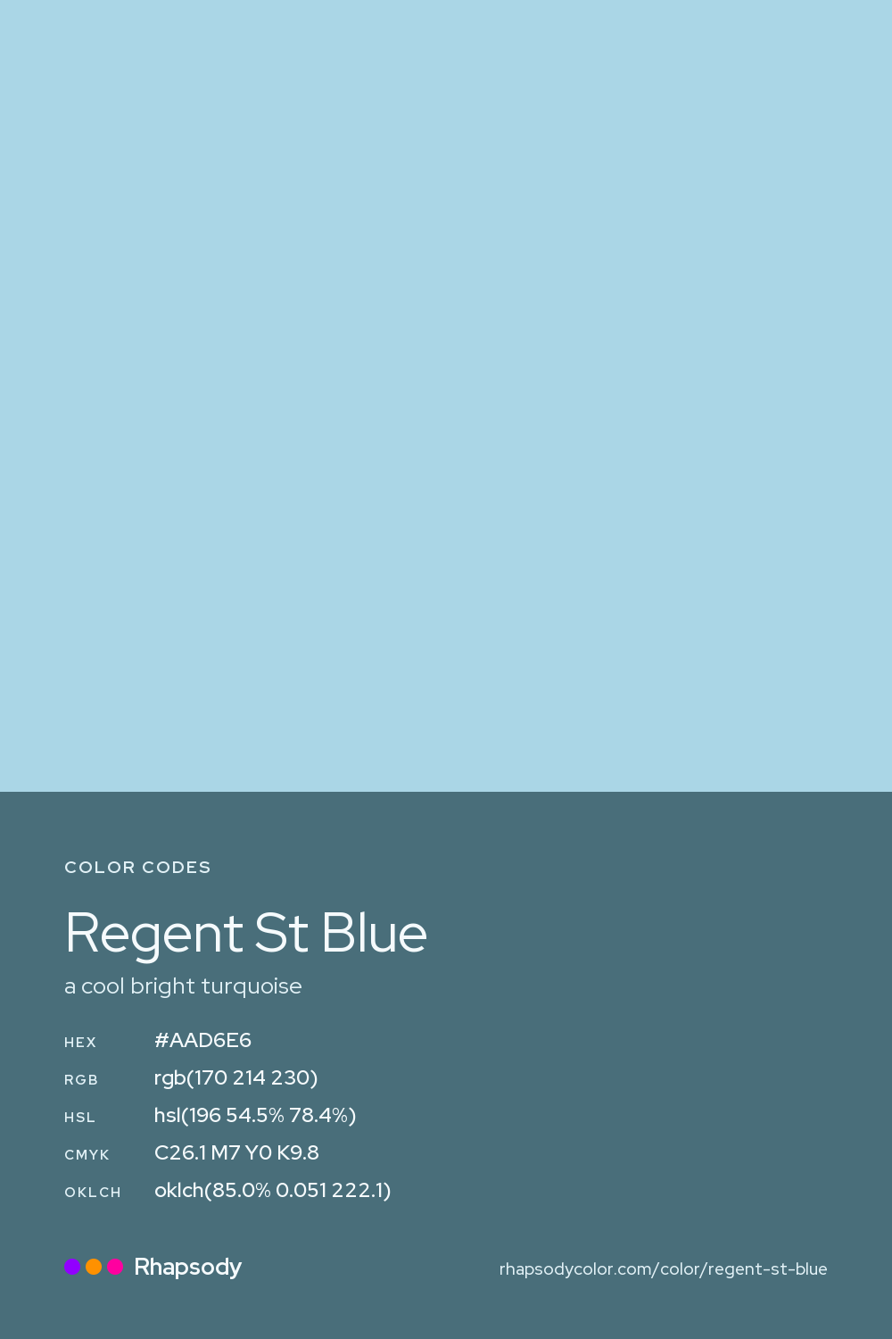 Regent St Blue color codes: hex #AAD6E6, RGB, HSL, CMYK, and OKLCH, from Rhapsody