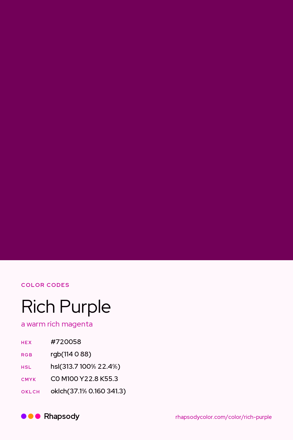 Rich Purple color codes: hex #720058, RGB, HSL, CMYK, and OKLCH, from Rhapsody