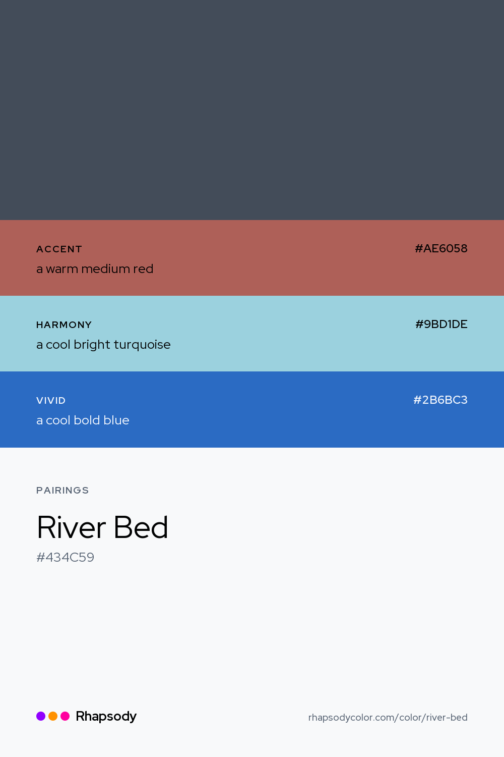 River Bed paired with a warm medium red #AE6058, a cool bright turquoise #9BD1DE, a cool bold blue #2B6BC3: hex values and roles, from Rhapsody