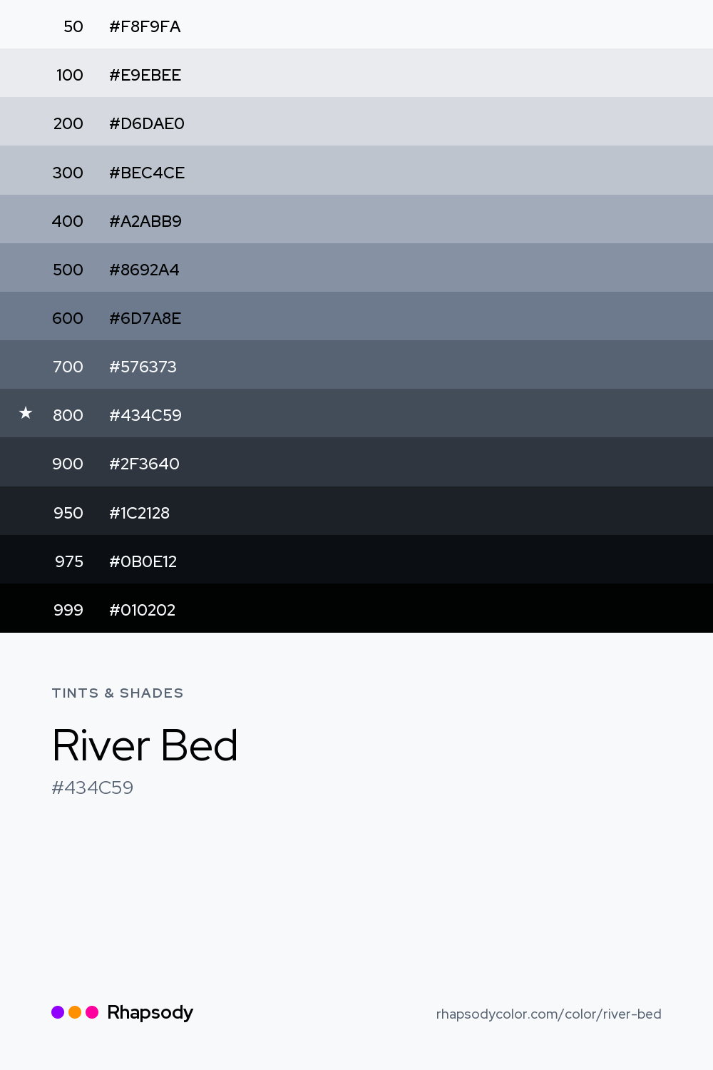 The full tonal scale of River Bed, 13 steps from light to dark with every hex, from Rhapsody