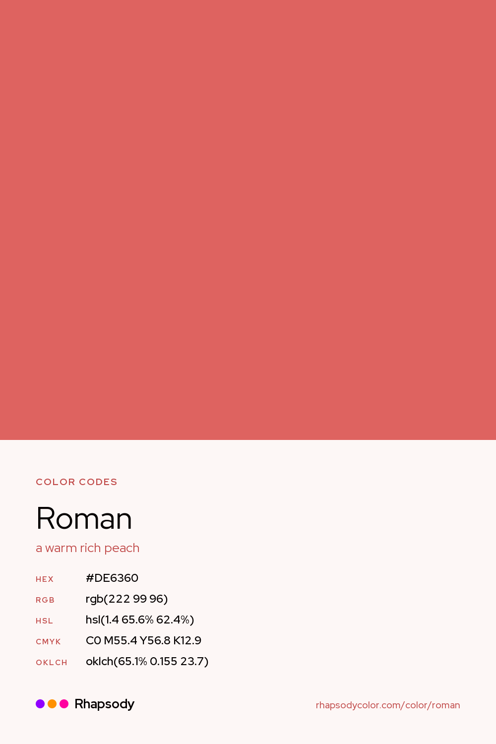 Roman color codes: hex #DE6360, RGB, HSL, CMYK, and OKLCH, from Rhapsody