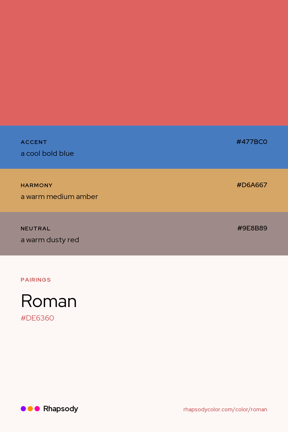Roman paired with a cool bold blue #477BC0, a warm medium amber #D6A667, a warm dusty red #9E8B89: hex values and roles, from Rhapsody