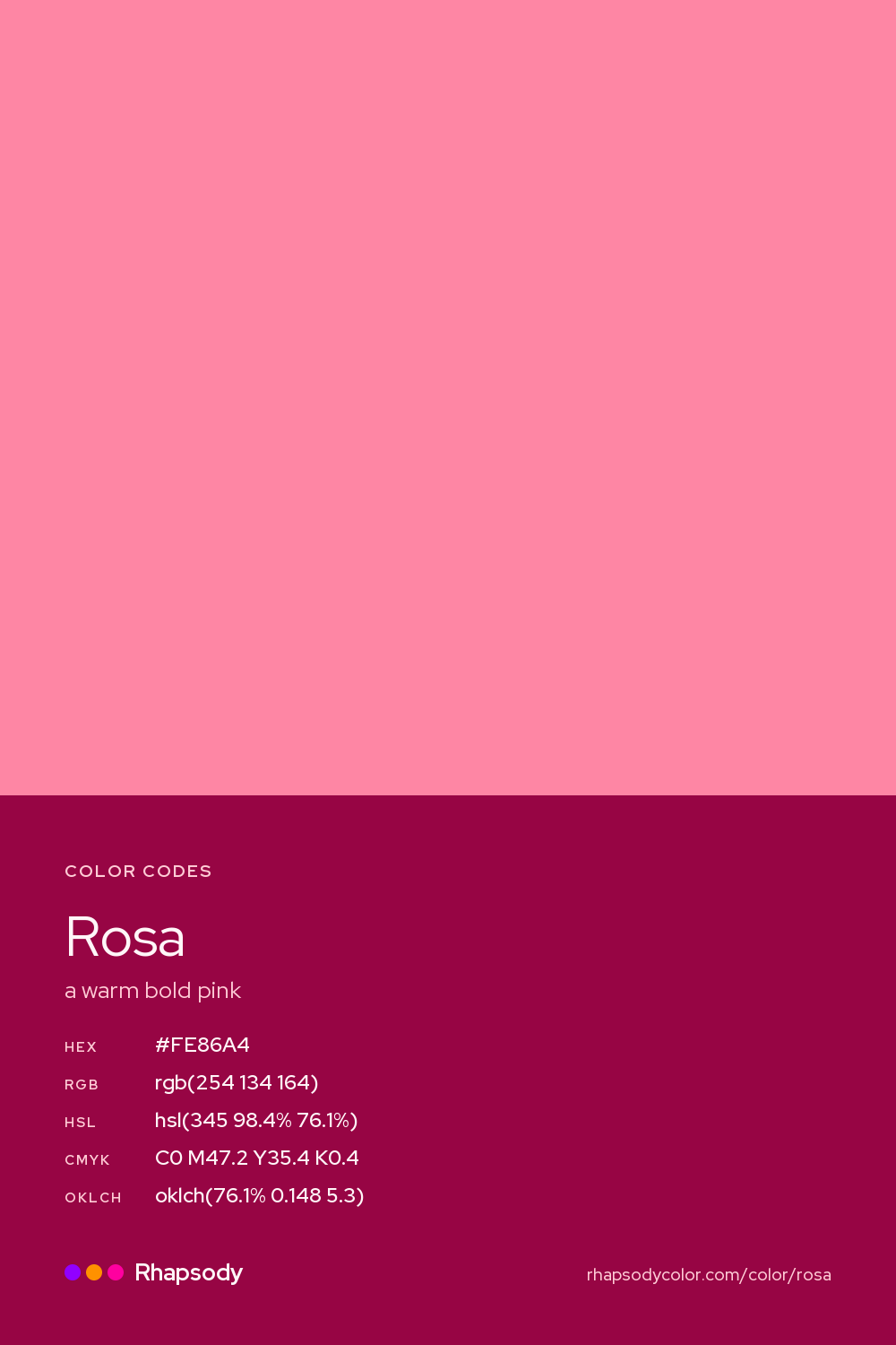 Rosa color codes: hex #FE86A4, RGB, HSL, CMYK, and OKLCH, from Rhapsody