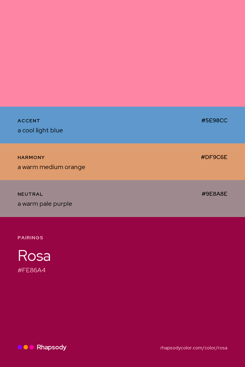Rosa paired with a cool light blue #5E98CC, a warm medium orange #DF9C6E, a warm pale purple #9E8A8E: hex values and roles, from Rhapsody