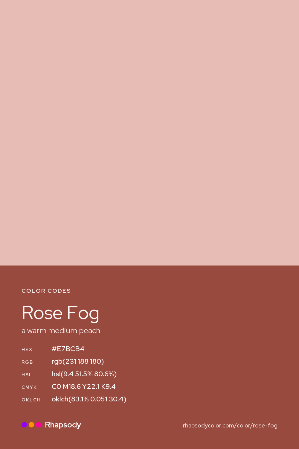 Rose Fog color codes: hex #E7BCB4, RGB, HSL, CMYK, and OKLCH, from Rhapsody