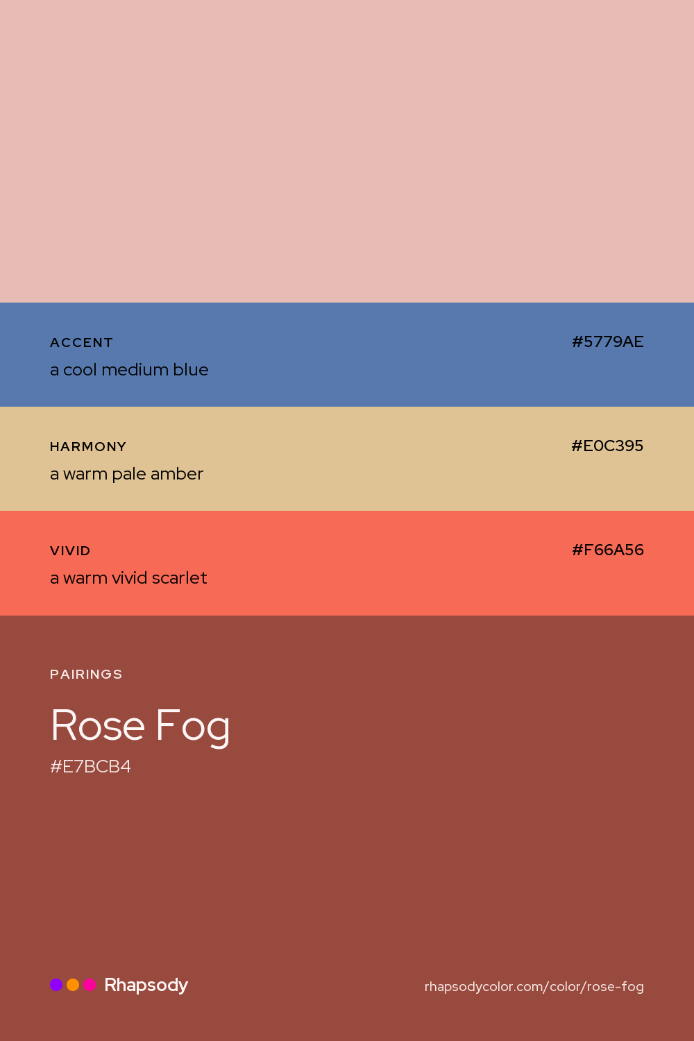 Rose Fog paired with a cool medium blue #5779AE, a warm pale amber #E0C395, a warm vivid scarlet #F66A56: hex values and roles, from Rhapsody