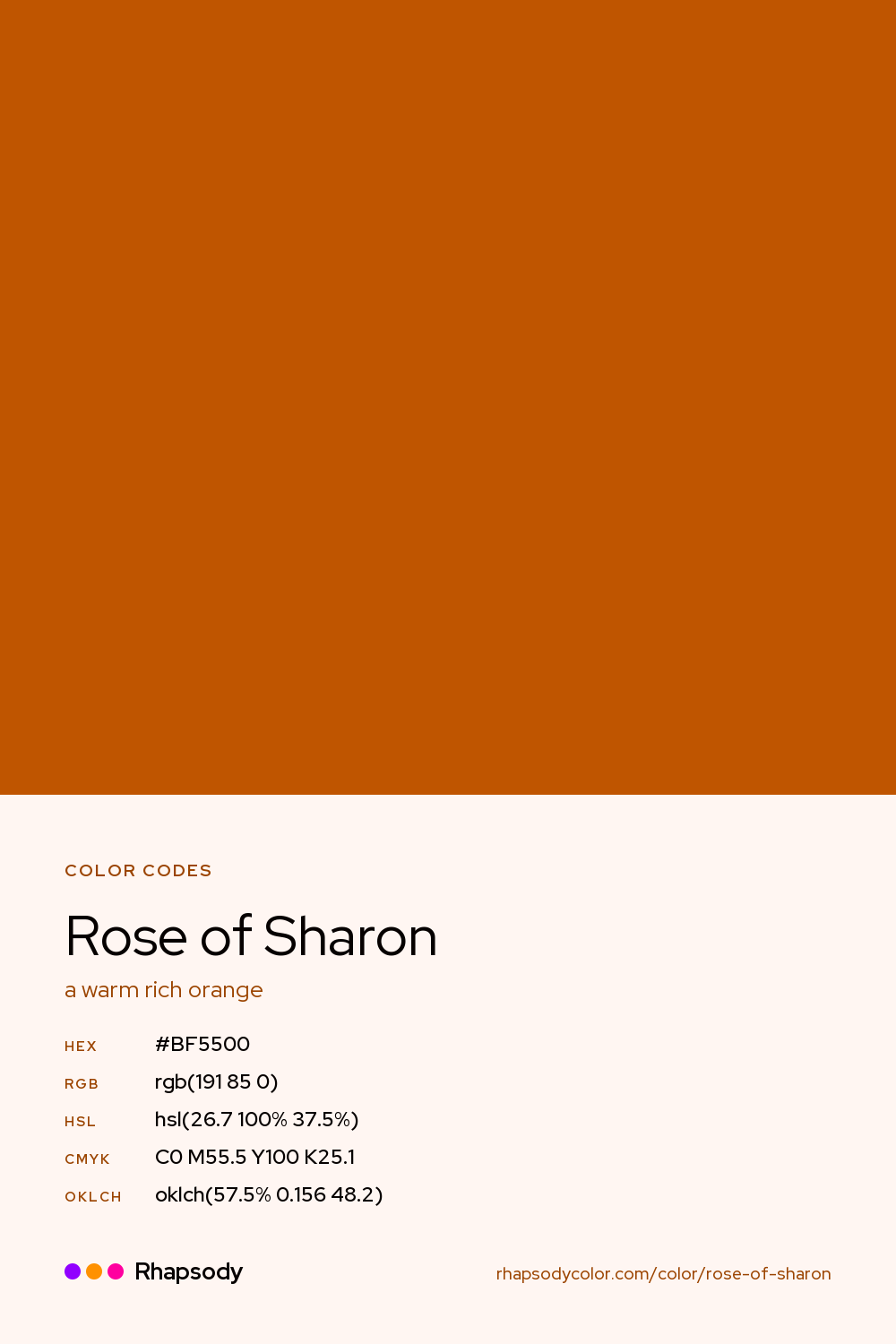 Rose Of Sharon color codes: hex #BF5500, RGB, HSL, CMYK, and OKLCH, from Rhapsody