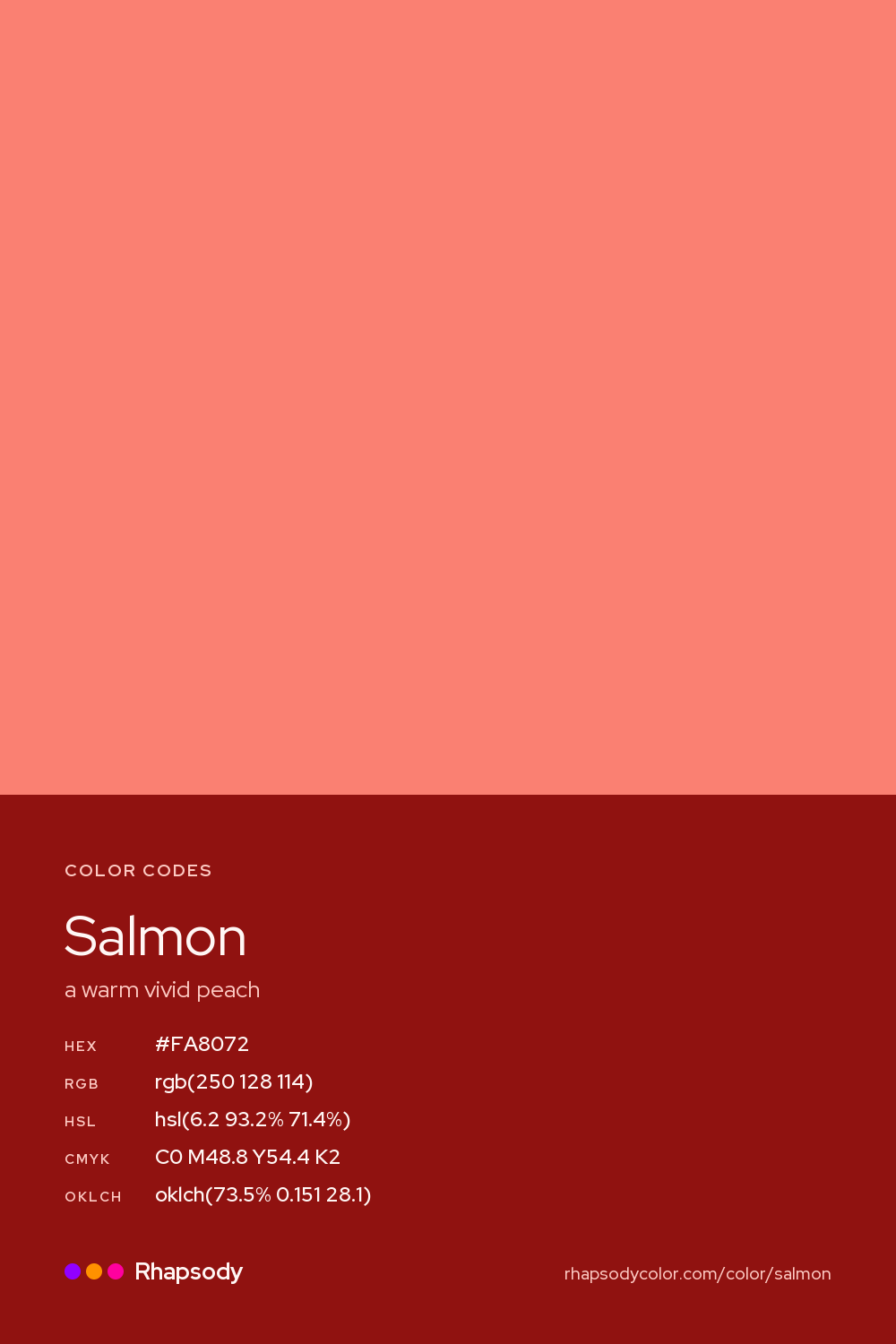 Salmon color codes: hex #FA8072, RGB, HSL, CMYK, and OKLCH, from Rhapsody