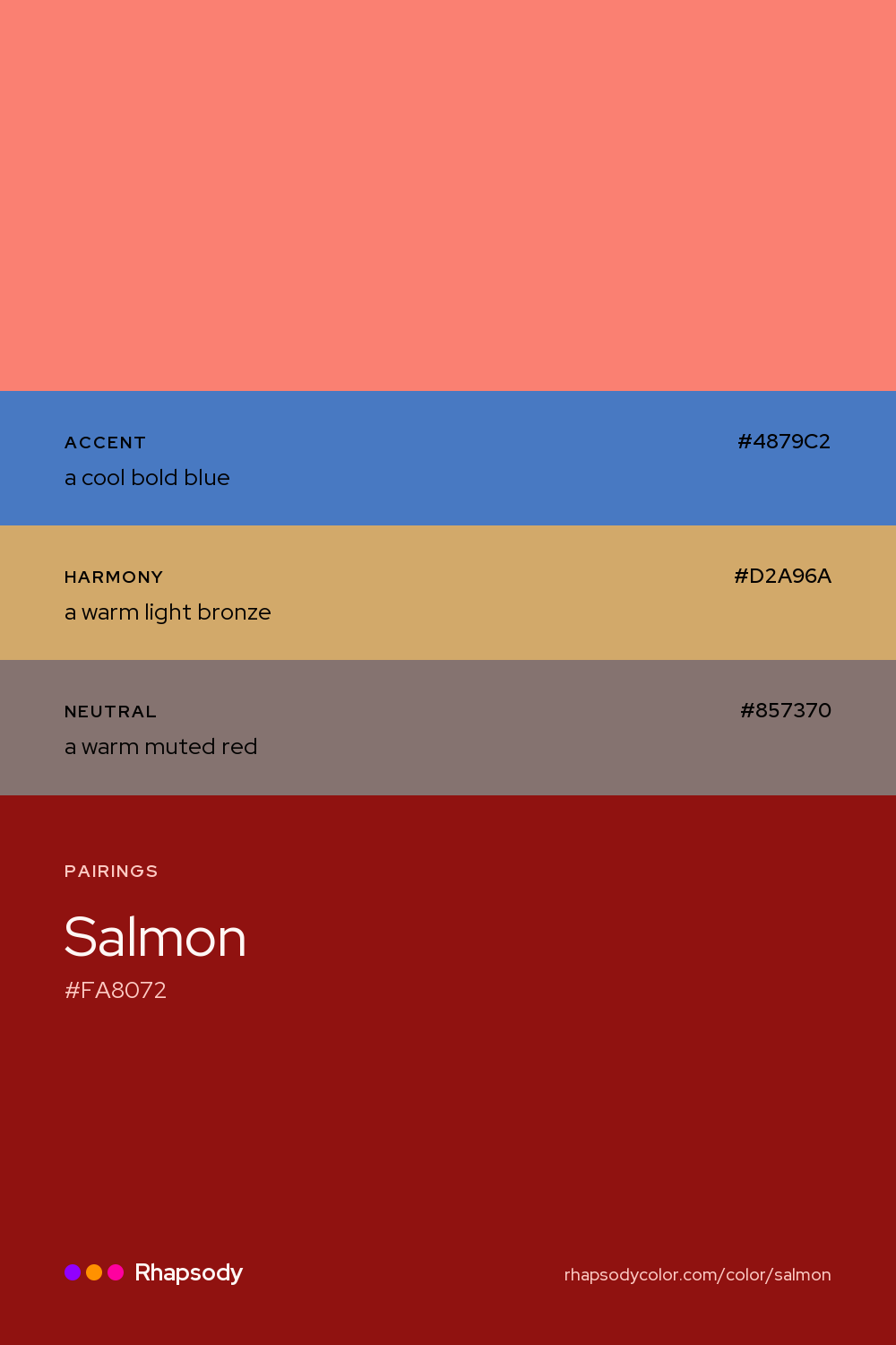 Salmon paired with a cool bold blue #4879C2, a warm light bronze #D2A96A, a warm muted red #857370: hex values and roles, from Rhapsody