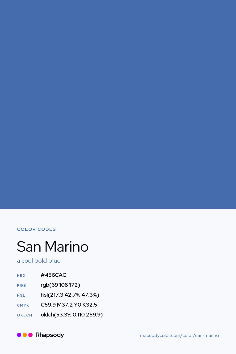 San Marino color codes: hex #456CAC, RGB, HSL, CMYK, and OKLCH, from Rhapsody