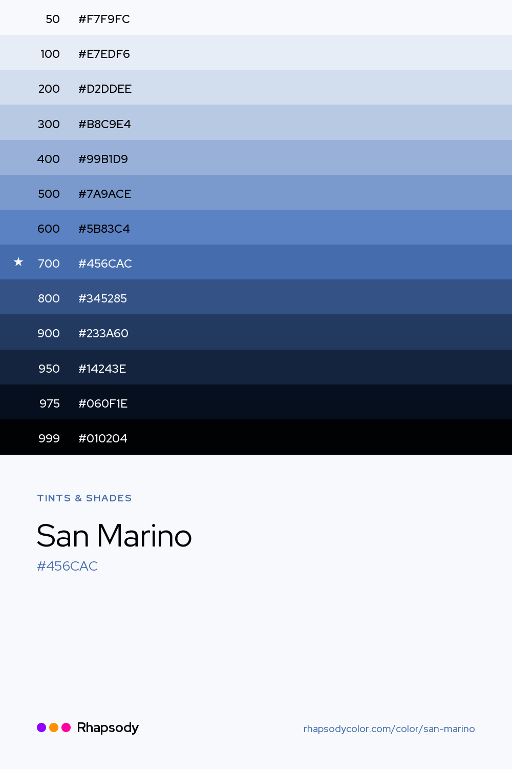 The full tonal scale of San Marino, 13 steps from light to dark with every hex, from Rhapsody