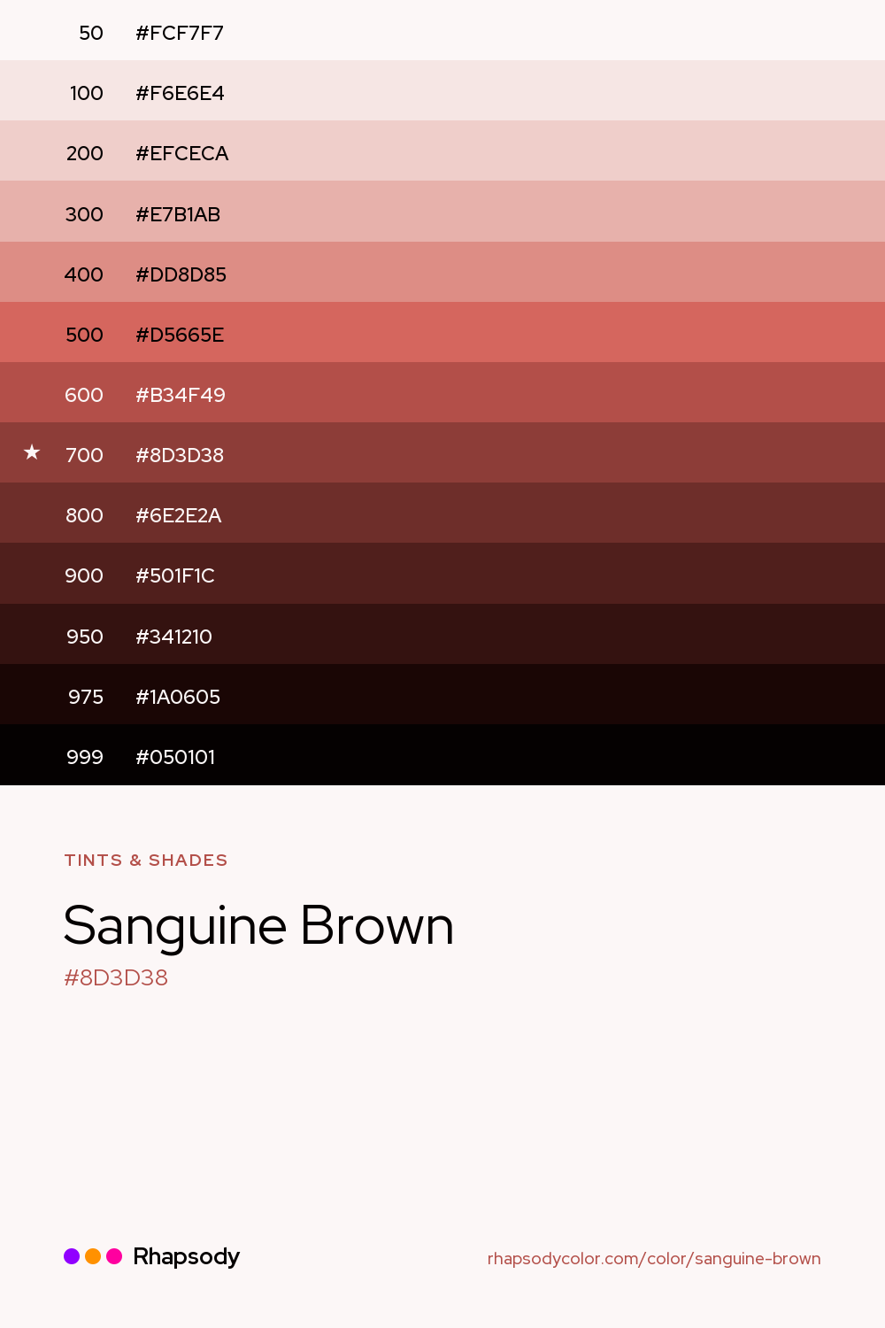 The full tonal scale of Sanguine Brown, 13 steps from light to dark with every hex, from Rhapsody
