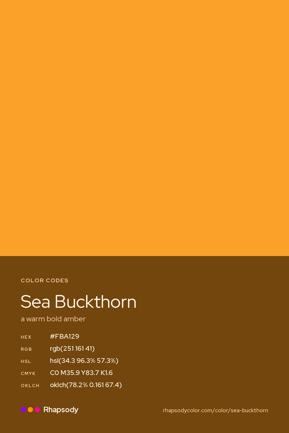 Sea Buckthorn color codes: hex #FBA129, RGB, HSL, CMYK, and OKLCH, from Rhapsody